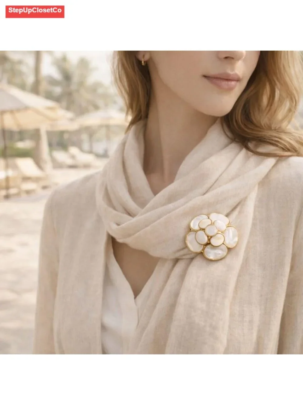 Luxury Copper & Natural Seashell Camellia Brooch Floral Pin